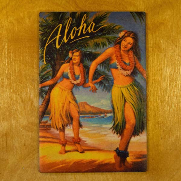Wooden Kauai Postcard - Aloha Dancers, by Hawaiian Woody's , Home - Hawaiian Woody's, The Kauai Store
