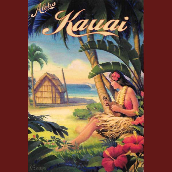 Wooden Kauai Postcard - Grass Hut and Ukulele Girl, by Hawaiian Woody's , Home - Hawaiian Woody's, The Kauai Store
 - 1