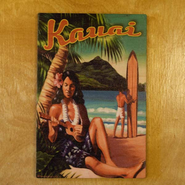 Wooden Kauai Postcard - Ukulele Girl, by Hawaiian Woody's , Home - Hawaiian Woody's, The Kauai Store
